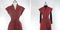 vintage 70s red tartan plaid short sleeve wrap dress bodice