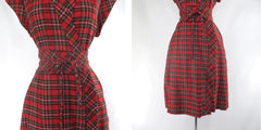 vintage 70s red tartan plaid short sleeve wrap dress belt skirt