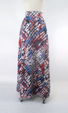 Vintage 70s Red Blue White Abstract A-line Maxi Skirt XXS