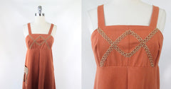 Vintage 70s Corduroy Macrame Pocket Jumper Dress S