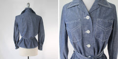 Vintage 70s Denim Chambray Belted Jacket S