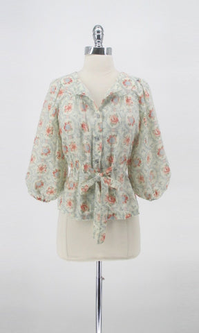 Vintage 70's Floral Bishop Sleeve Blouson Blouse Top M