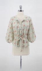 Vintage 70's Floral Bishop Sleeve Blouson Blouse Top M