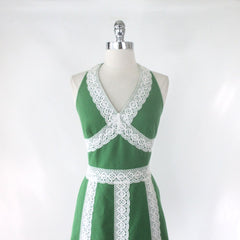 Vintage 60s Green Mini White Lace Halter Dress XS