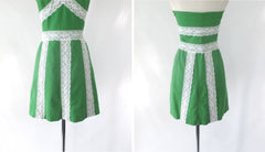 Vintage 60s Green Mini White Lace Halter Dress XS