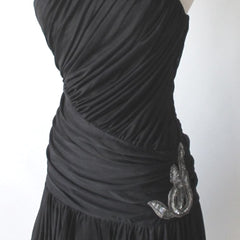 vintage 80s black bubble hem silver sequins goddess draped party dress waistline
