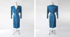 Vintage 80s Adrianna Papell Teal Argyle Silk Dress M - Bombshell Bettys Vintage