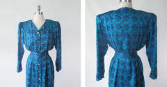 Vintage 80s Adrianna Papell Teal Argyle Silk Dress M - Bombshell Bettys Vintage