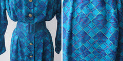 Vintage 80s Adrianna Papell Teal Argyle Silk Dress M - Bombshell Bettys Vintage