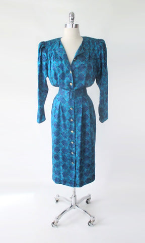 Vintage 80s Adrianna Papell Teal Argyle Silk Dress M