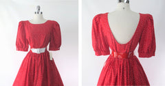 Vintage 80s Red White Polka Dot Full Skirt Party Dress New Old Stock