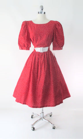 Vintage 80s Red White Polka Dot Full Skirt Party Dress New Old Stock