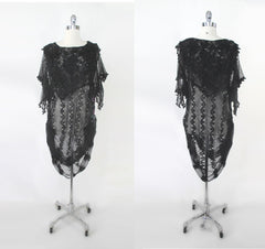 vintage 80s Lims crochet knit flower fishnet black sheer dress sequins flower gathered side party dress full