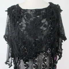 vintage 80s Lims crochet knit flower fishnet black sheer dress sequins flower gathered side party dress bodice