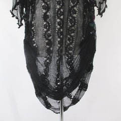 vintage 80s Lims crochet knit flower fishnet black sheer dress sequins flower gathered side party dress skirting