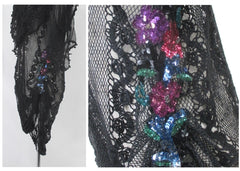 vintage 80s Lims crochet knit flower fishnet black sheer dress sequins flower gathered side party dress sequins flowers