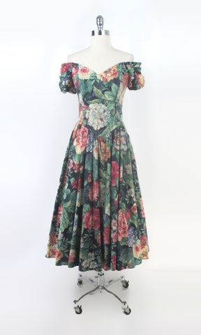 Vintage 80s Garden Floral Full Skirt Tea Party Dress M | L