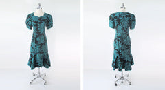 Vintage 80s Puff Sleeve Ruffle Hem Hawaiian Dress M