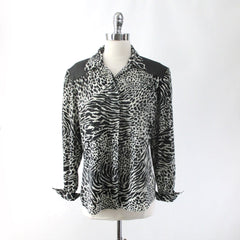 vintage black white 80s leopard zebra print bluse top leahter shoulders glam rocker secretary bombshell bettys vintage casual