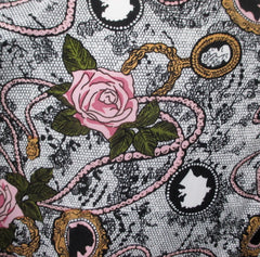 vintage 80s rose black lace cameo button up dress print