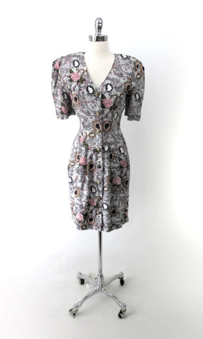 Vintage 80s Pink Roses & Cameo Lace Print Rayon Dress S