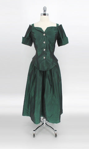 Vintage 80s 90s Emerald Green Sharkskin Taffeta Party Dress M