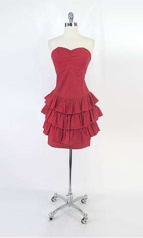 Vintage 80s Red Strapless Ruffle Skirt Mini Party Dress S