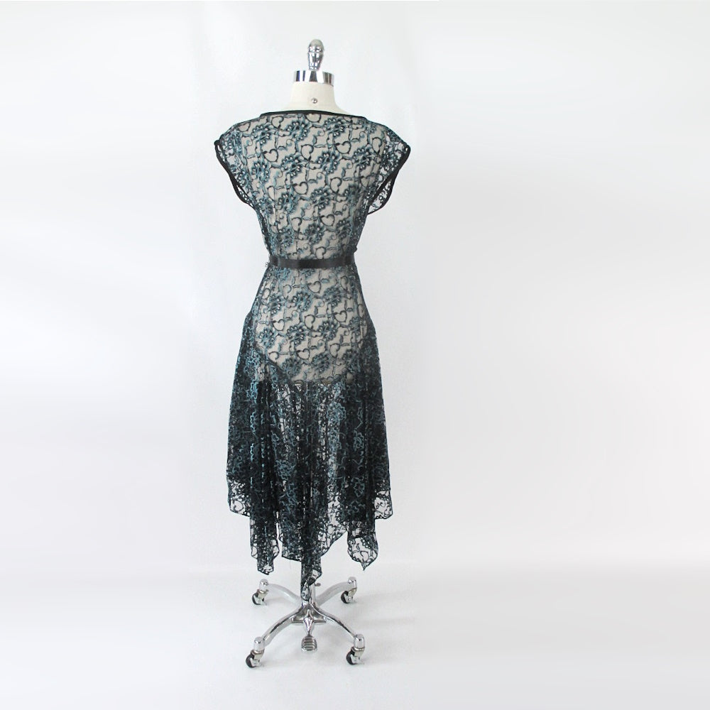 1980s Samir Electric Blue Lurex + Black Lace Handkerchief Hem Vintage 80s  Dress For Sale at 1stDibs