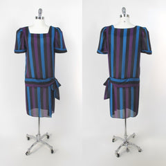 vintage 80s larger size drop waist striped party midi sheer dress  full