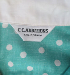 Vintage 80s Aqua Polka Dot 50s Style Cuffed Sleeve Top M