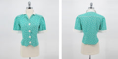 Vintage 80s Aqua Polka Dot 50s Style Cuffed Sleeve Top M