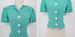 Vintage 80s Aqua Polka Dot 50s Style Cuffed Sleeve Top M