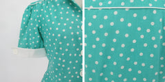 Vintage 80s Aqua Polka Dot 50s Style Cuffed Sleeve Top M