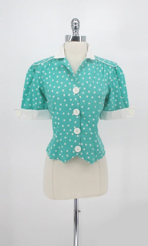 Vintage 80s Aqua Polka Dot 50s Style Cuffed Sleeve Top M