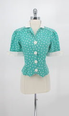 Vintage 80s Aqua Polka Dot 50s Style Cuffed Sleeve Top M