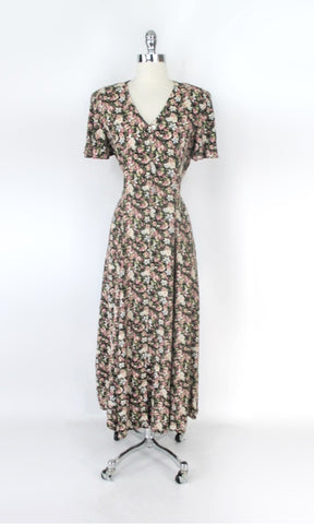 Vintage 90s Grunge Flower Rayon Tea Dress L