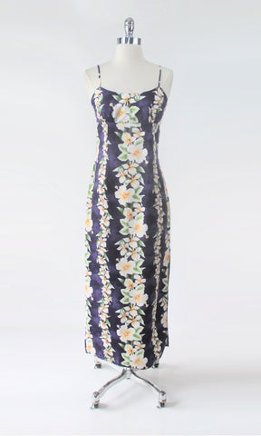 Vintage 90s Purple Royal Creations Hawaiian Maxi Column Dress S
