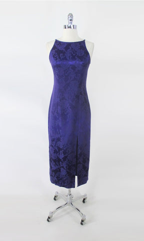 Vintage 90s Purple Jacquard Maxi Party Dress Gown S P