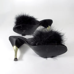 Vintage 90s Black Marabou Slipper Metal Heel Shoes 7