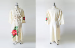 Vintage 40's 50's Rare White Taffeta Hand Painted Hawaiian Robe Dressing Gown - Bombshell Bettys Vintage full
