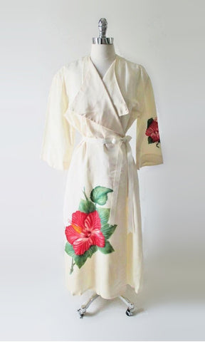 Vintage 40's 50's White Hand Painted Hibiscus Hawaiian Robe | Dressing Gown