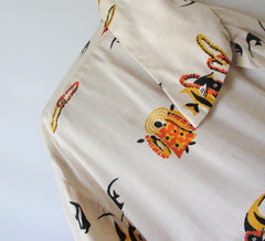 vintage 40s silk royal Hawaiian angelfish safari dress shoulder