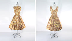 Vintage 50's Golden Leaves Kamehameha Hawaiian Dress M