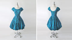 Vintage 50's Blue Purple Floral Fit & Flare Bubble Hem Party Dress S full - Bombshell Bettys Vintage