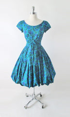 Vintage 50's Blue Purple Floral Fit & Flare Bubble Hem Party Dress S gallery - Bombshell Bettys Vintage
