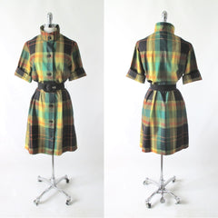 Vintage 60s Koratron Plaid Shirtdress Dress L