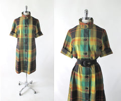 Vintage 60s Koratron Plaid Shirtdress Dress L
