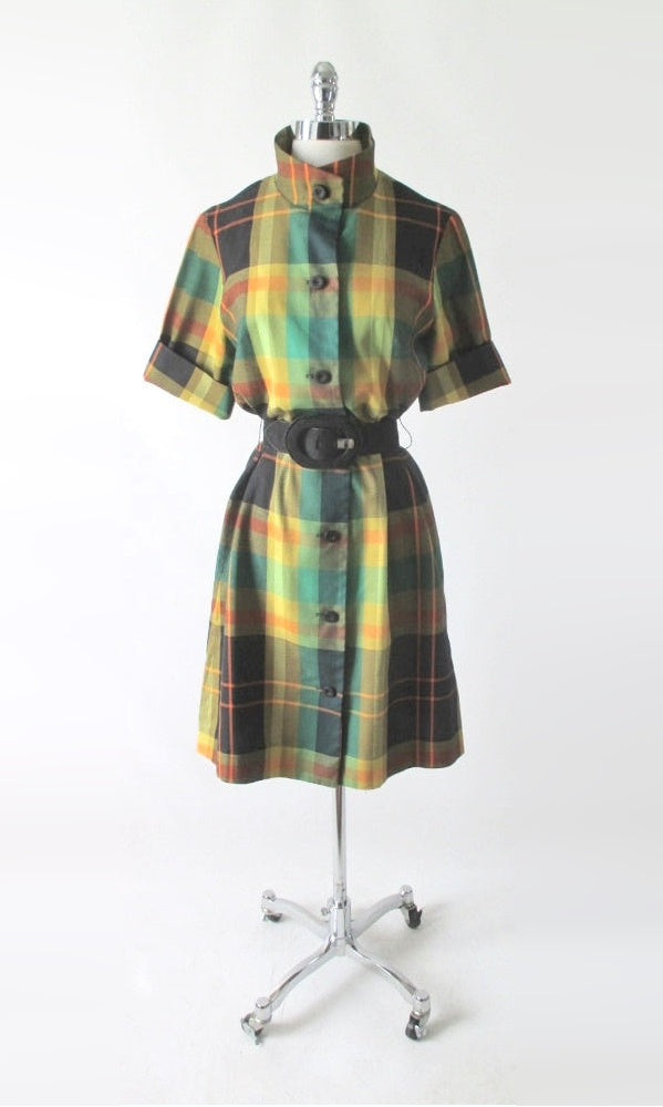Vintage 60s Koratron Plaid Shirtdress Dress L