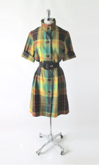 Vintage 60s Koratron Plaid Shirtdress Dress L