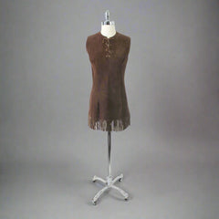 Vintage 60s Brown Suede Leather Fringed Hippie Mini Dress / Top S